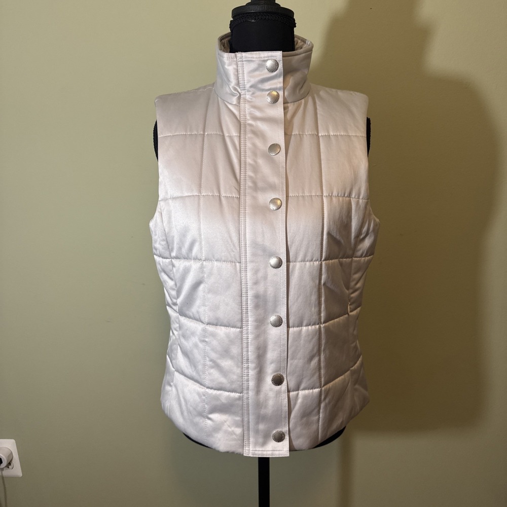 Lauren Ralph Lauren Vest Womens Medium Silver Gray Full Zip Button Front‎ Puffer